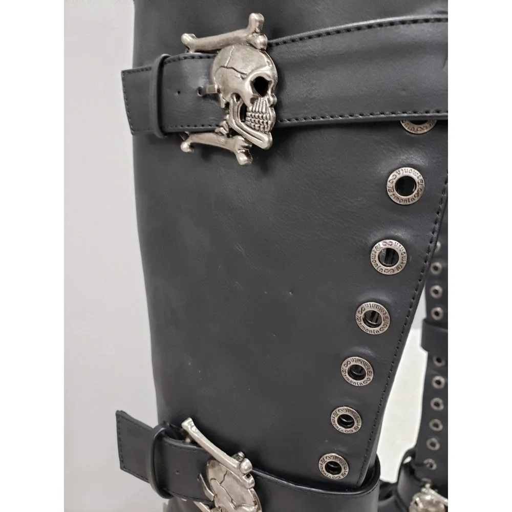 SIZE 7 DEMONIA Muerto Bone High Heel Spiked Skull Buckle Moto gothic Knee Boots